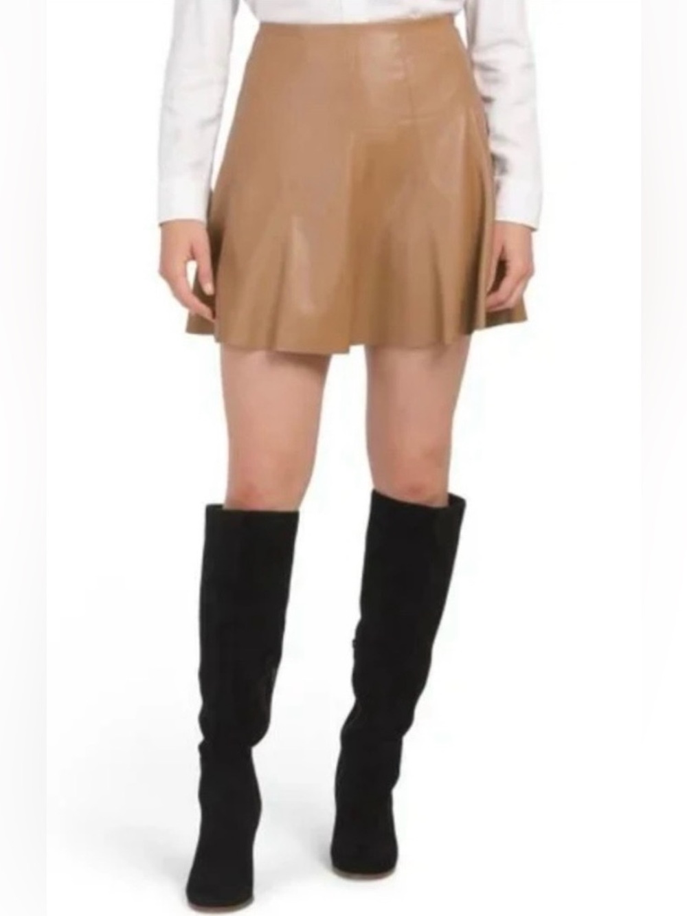 House of Harlow 1960 Tan Faux Leather Mini A-line Flared Skirt Vegan Boho Medium